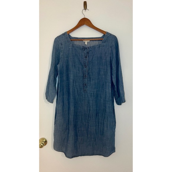 Eileen Fisher Dresses & Skirts - Eileen Fisher Blue Tencel Linen Chambray Square Neck Henley Shift Dress S